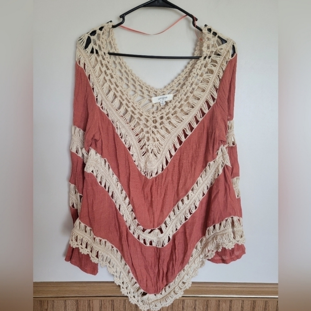 Umgee Women's V-neck Tiered Crochet Macrame Cotton Bohemian Tunic Size Medium